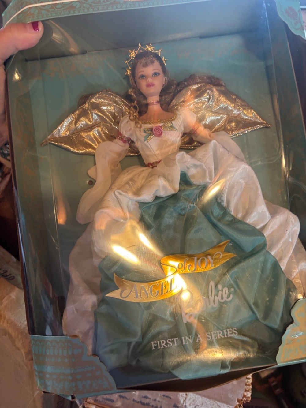 Angel of Joy Heirloom Doll - Gold Wings, Teal & White Gown